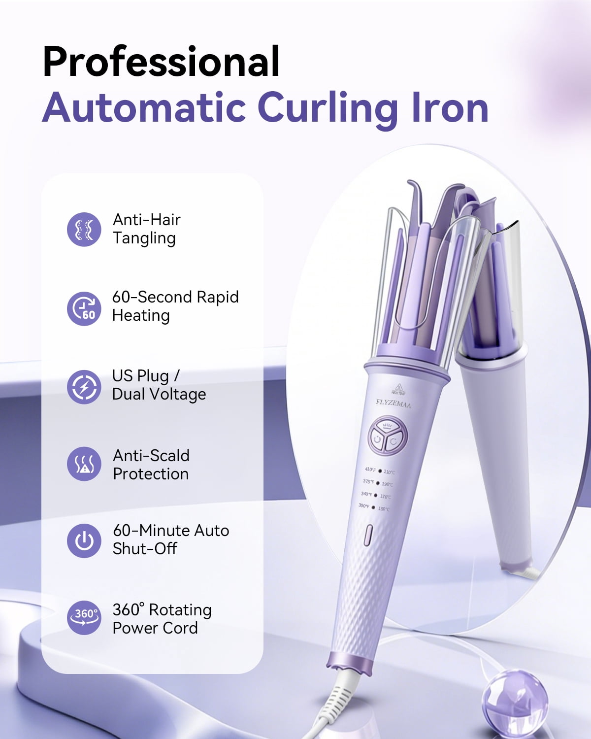 Automatic Hair Curler, Automatic Curling Iron Hair Waver with 4 Temperature, Portable Hair Curlers for Travel 110V-240V, Anti-Scald, Anti-Tangle Rotating Curling