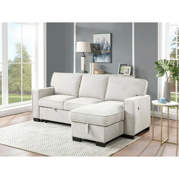 Beige 2pc Sectional Sofa with Pullout Bed Reversible Storage Chaise Drop-Table USB Ports Modern Living Room L-shape Sofa