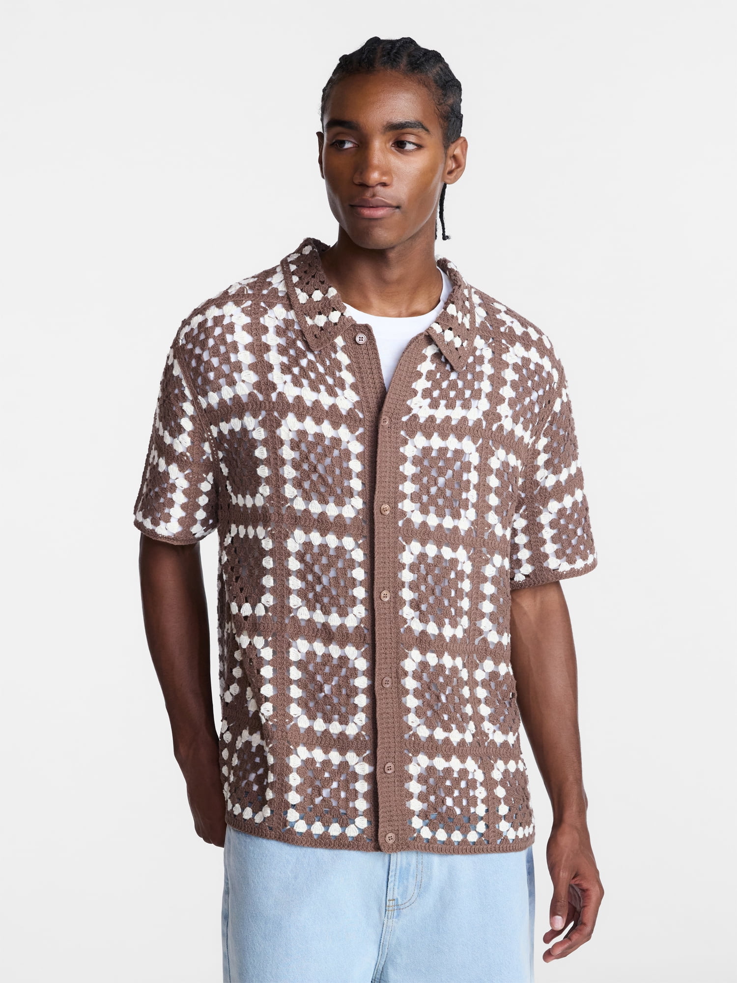 No Boundaries Men's Faux Crochet Pattern Boxy Fit Button Through Sweater Polo, Sizes XS-3XL