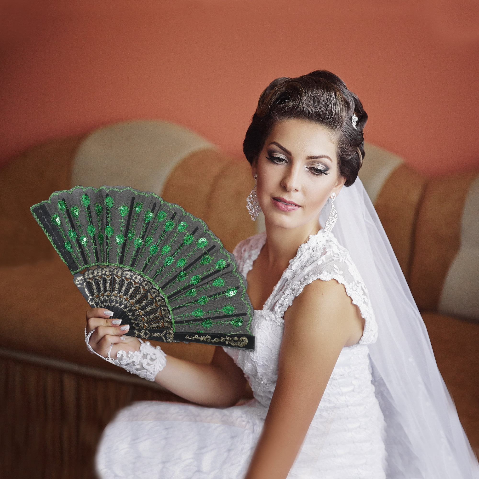 Unique Bargains Beautiful Sequins Folding Fan 1 Pc Green