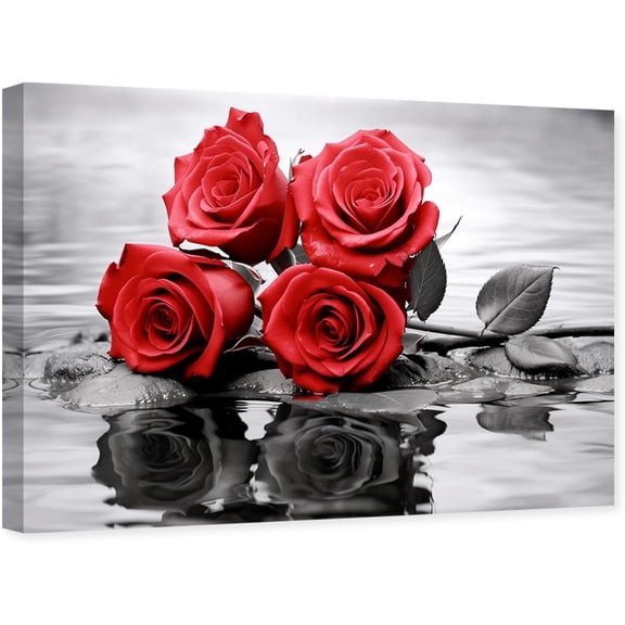 ZHONGYUTONG Red Rose Canvas Wall Art Romantic Flower Pictures Print Modern Black Red Floral Painting for Bathroom Decor Framed (12.00" x 18.00")