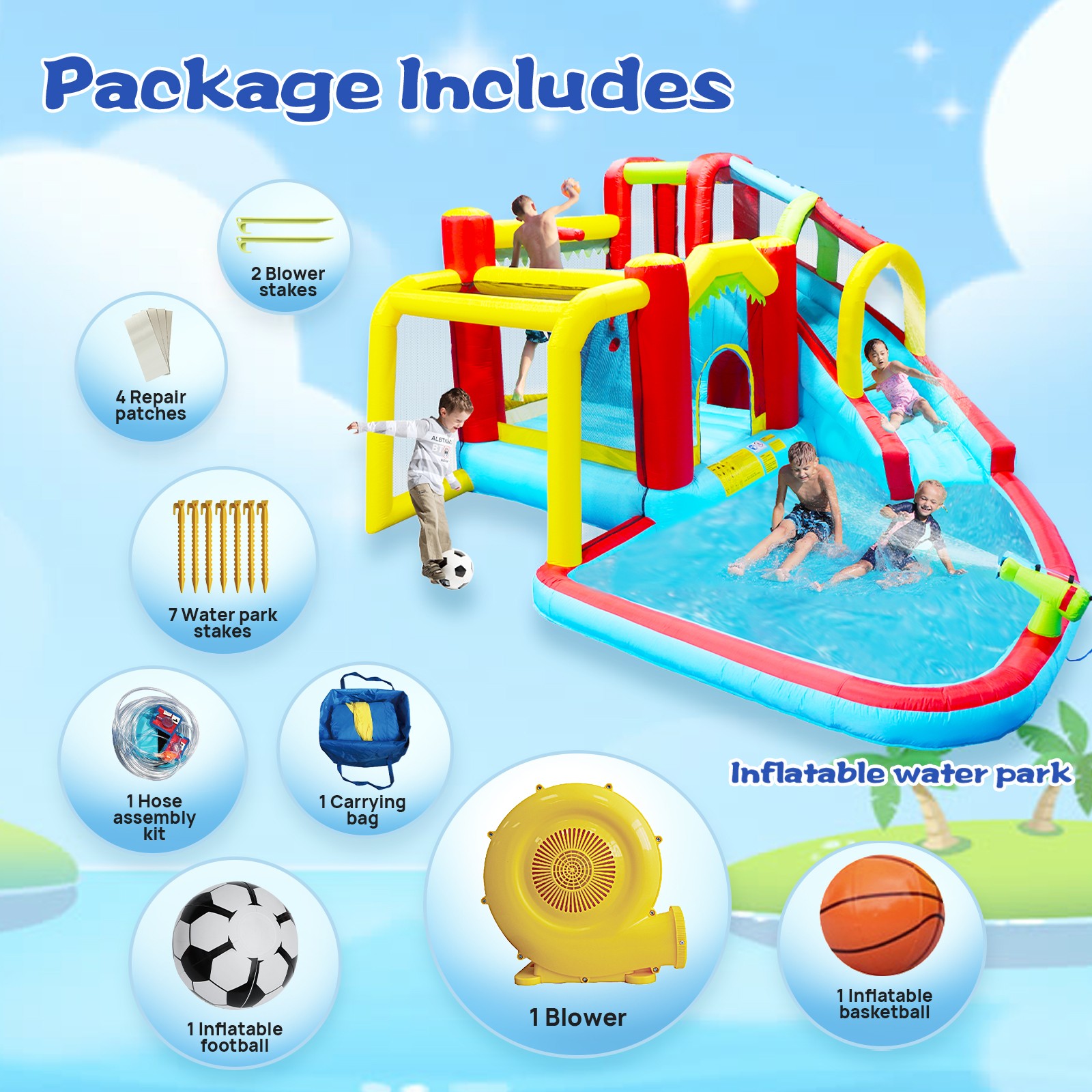Inflatable Slide Water Park Complete Setup for Kids 3 - 10, Bouncer Play House Outdoor Soccer with Splash Pool & Water Spray & Climbing Wall & Basketball & Football - 177 L * 137 W * 94.4 H (inch)