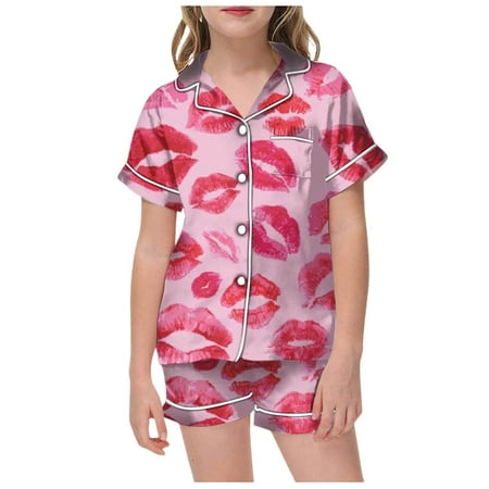Little Girls Silk Pajamas Set Valentines Day Pjs Bow Print Loose Button Down Short Sleeve Loungewear Clothes Set Sleepwear Set Two-Piece Pj Sets 10-11 Years Z3-Hot Pink