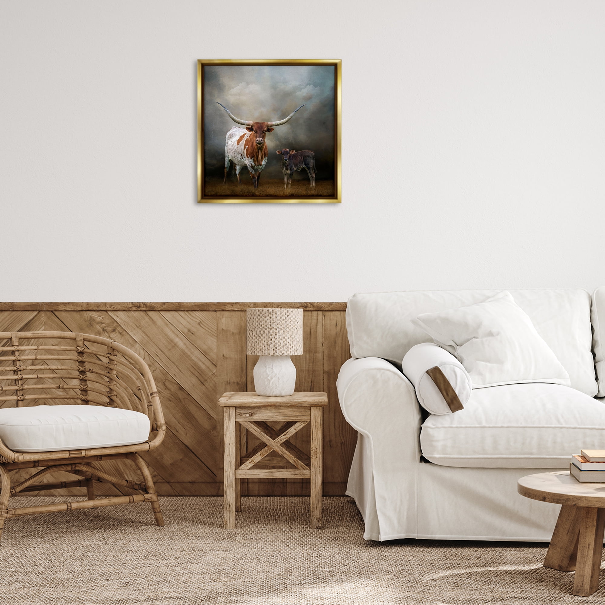 Stupell Industries Longhorn & Calf Babysitter Animals & Insects Painting Gold Floater Framed Canvas Art Print Wall Art, 25 x 25
