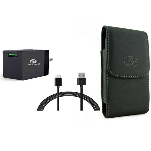 Case Belt Clip & Quick Home Charger for iPhone 15 Pro Max - Leather Holster Cover Pouch and 18W 6ft USB Cable Power Cord W1O for iPhone 15 Pro Max (6.7")