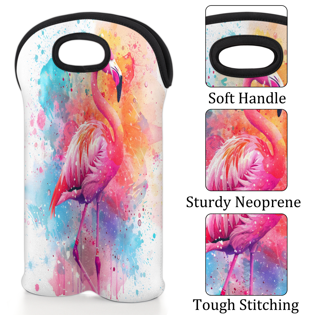 Jiaoprinted Watercolor Flamingo 2-Bottle Neoprene Wine Bag Water Bottle Carry Tote, Reusable Wine Bottle Protective Travel Bag for Women Men, Pink Flamingo