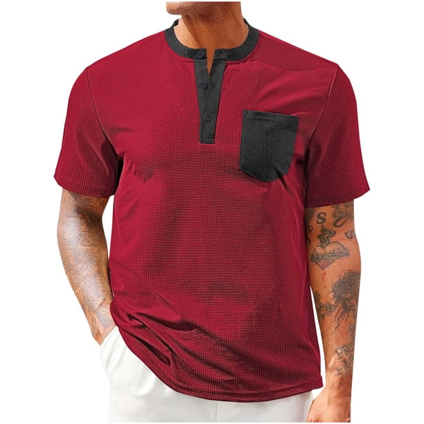 Mens Manga Corta Botón Abajo Camisas con Diseño de Bloque de Color de Bolsillo, Cuello Redondo Blusa de Moda de Ocio
