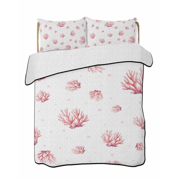 Full Size Quilt Bedding Set, Pink Coral Coastal Reversible Summer Quilt 3 Pieces, Nautical Summer Beach Ocean Sea Lightweight Bedspreads Coverlets with 2 Pillow Shams for All Seasons