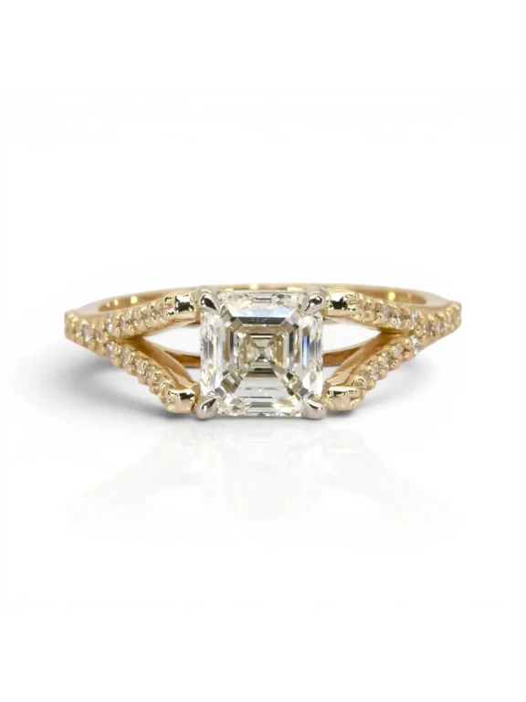 Natural Lab Grown Diamond 10K yellow gold featuring a 1.51 carat Square Emerald-cut Main Diamond and 34 round brilliant side stones Ring
