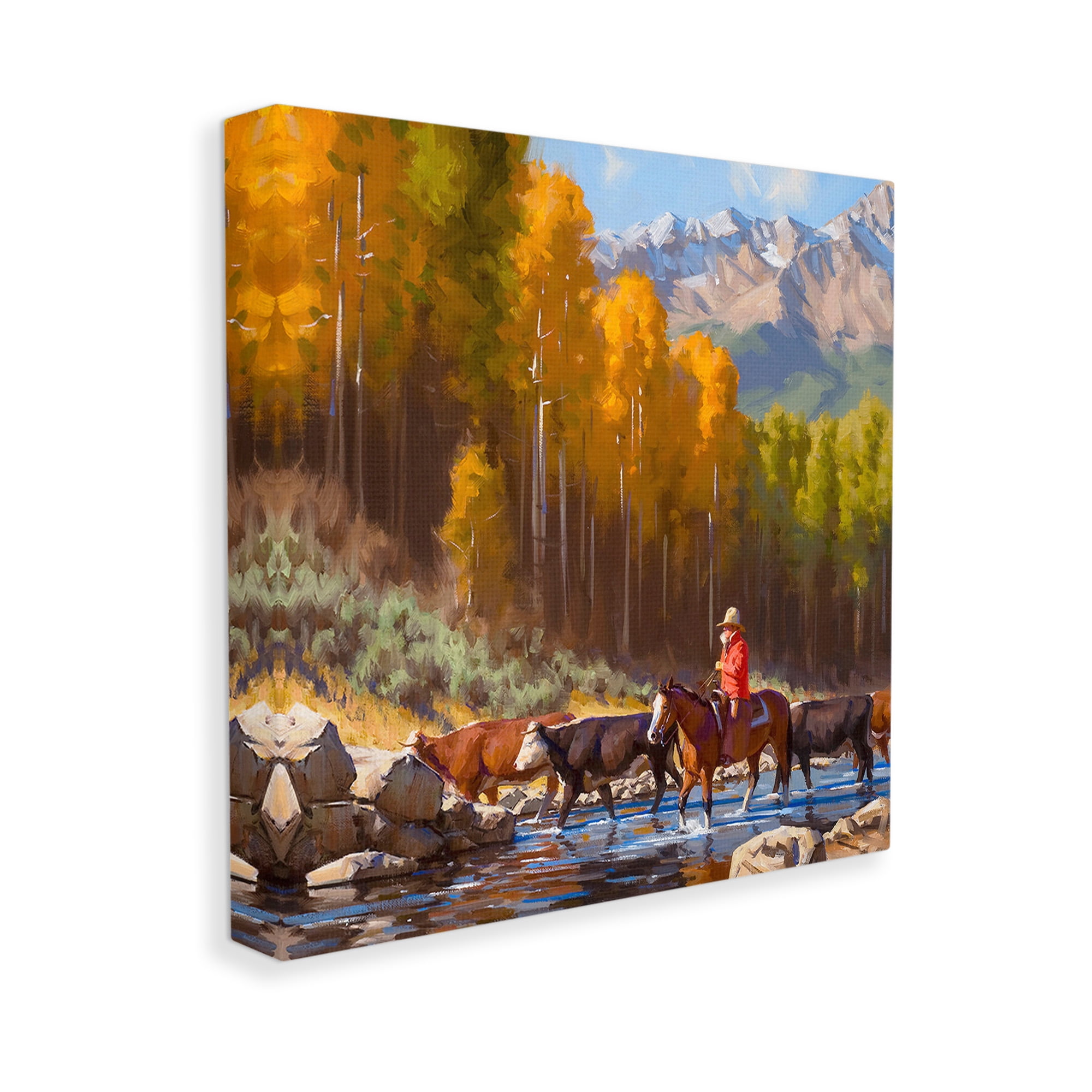 Stupell Industries Herding Cattle Through Stream Landscape Painting Gallery Wrapped Canvas Art Print Wall Art, 17 x 17