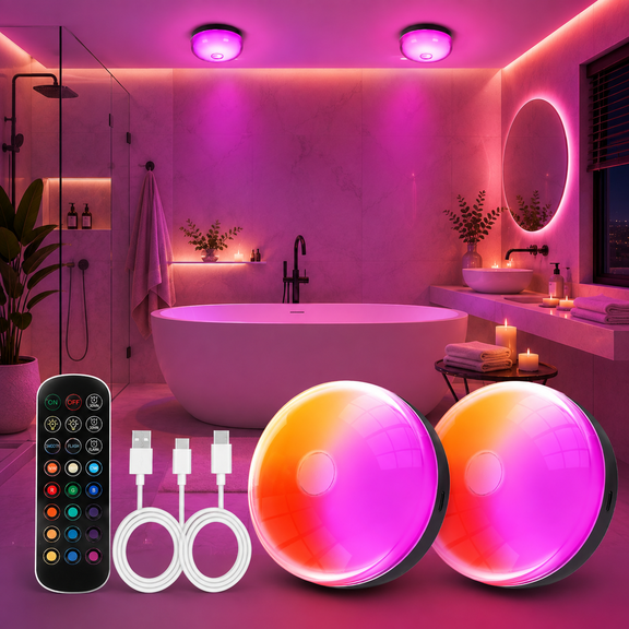 2 Pack Waterproof Rechargeable Shower Lights RGBW LED Magnetic Lamp with Remote for Bathroom Bathtub Closet