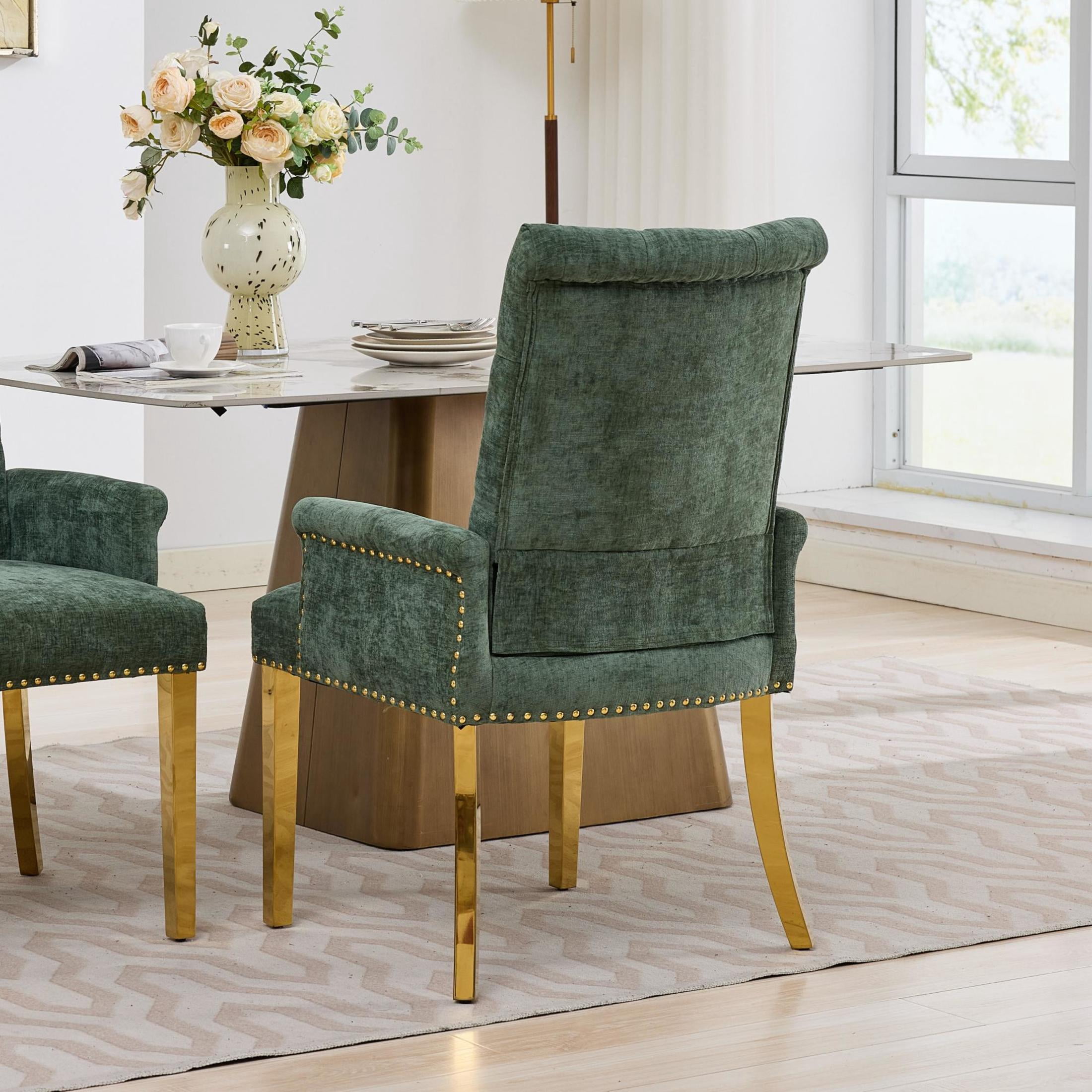 GDF Studio Upholstered Dining Chair with Button-Tufted Back, Nailhead Trim, Stainless Steel Legs, Olive Green