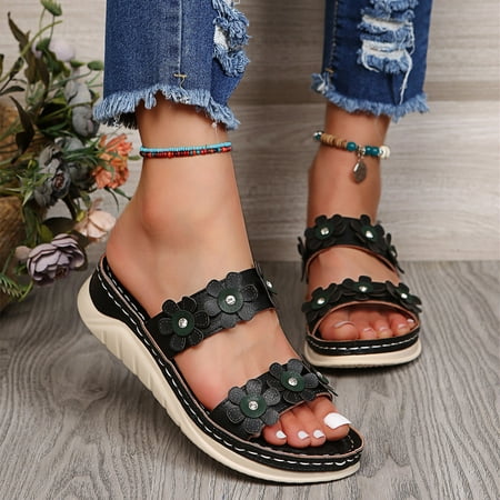 

HIBRO Fashion Summer Women Sandals Wedge Heel Thick Sole Double Strap Flower Rhinestone Massage Insole
