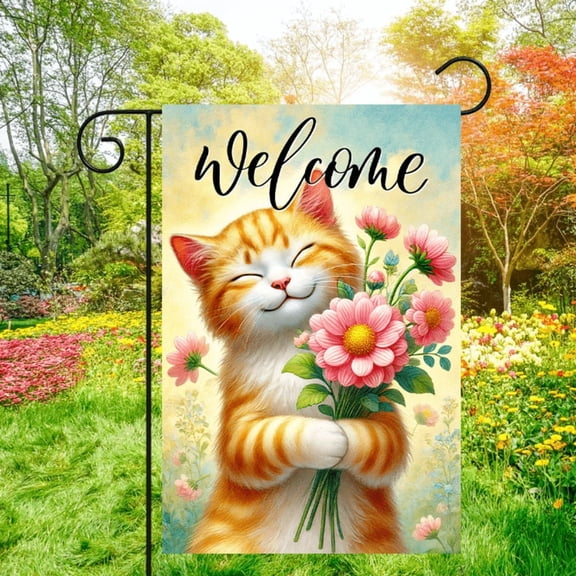 1 piece, Spring Double-sided Garden Flag - 2D flat cute orange cat bouquet design, courtyard symbol, perfect for courtyard, lawn and outdoor decoration, garden decoration, party decoration items, 12x