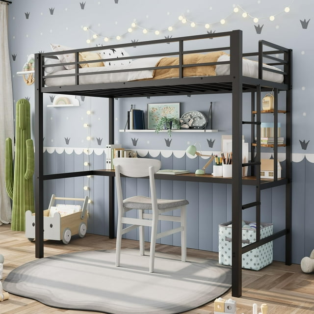 Yeshouse cama alta individual con escritorio y estantes, estructura de metal resistente con listones de acero, escalera y barandilla de seguridad, ideal para ahorrar espacio en habitaciones
