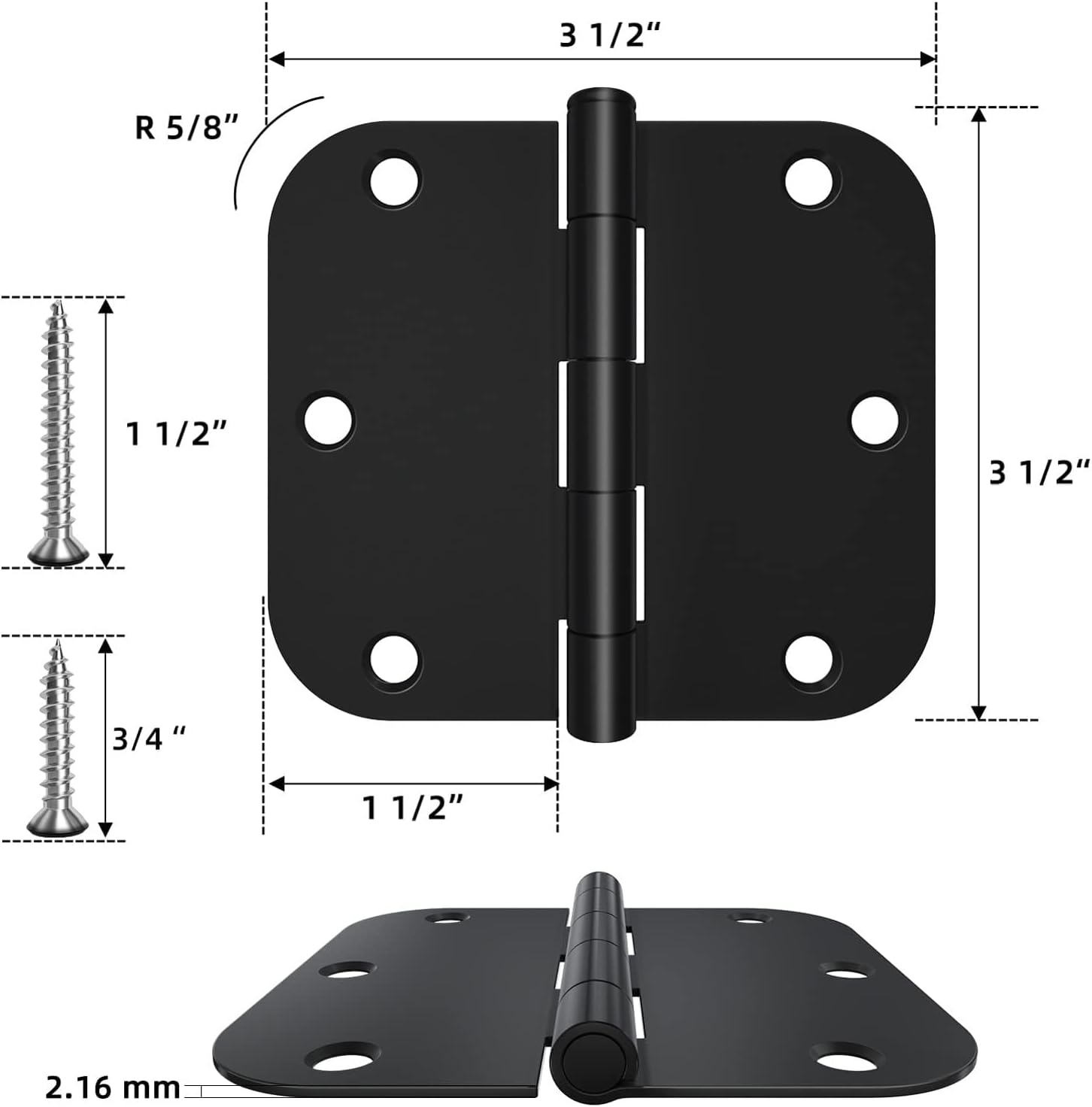 18 Pack Rounded Door Hinges 3.5 Inch with 5/8" Radius Corner, Matte Black Interior Door Hinge for Bedroom, Storage room, Garage, Bathroom and More