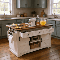 Homy Casa Farmhouse 53.7" Rolling Kitchen Island with Storage Cabinet, Sliding Barn Doors, Wood Top Storage Cart