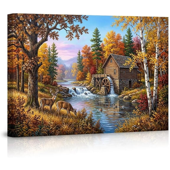 Nature Landscape Canvas Wall Art Posters Autumn Fall Forest Rustic Log Cabin Water Wheel Artwork Wildlife Deer River Scenery for Living Room Bedroom Home Decor