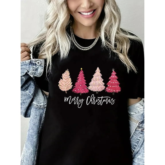 Merry Christmas Tshirt Christmas Trees and Reindeer Print Short Sleeve Shirt for Women