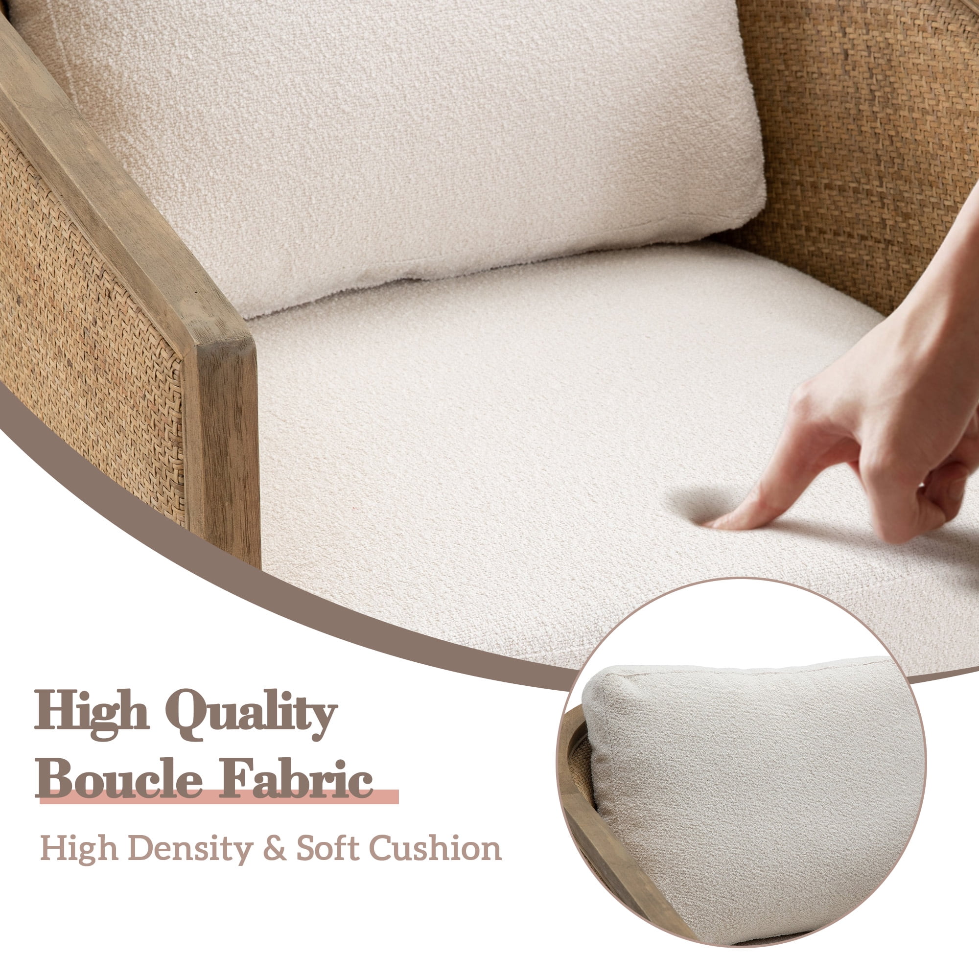 MOONMISS Boucle Upholstered 360°Swivel Hardwood and Rattan Frame Round Barrel Chair-Beige