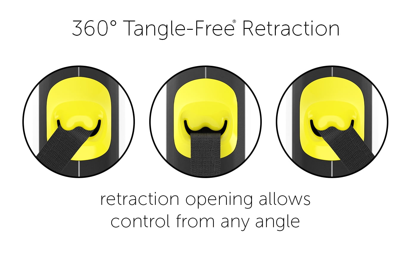 TUG 360° Tangle-Free Retractable Dog Leash | 16 ft Strong Nylon Tape | One-Handed Brake, Pause, Lock (Large, White/Neon Yellow)