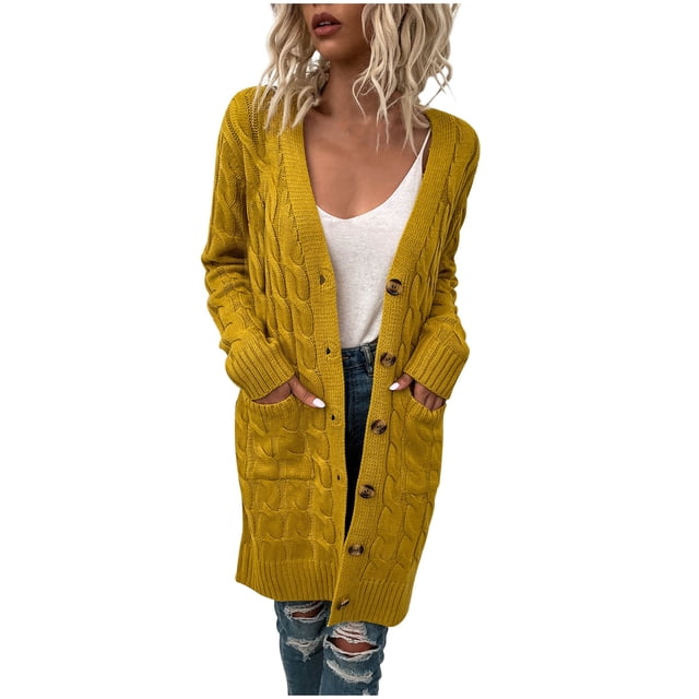 WRKEKC Cardigans pour Femmes Décontractés Longs en Tricot Torsadé avec Boutons devant Veste pour Femmes Automne Hiver Sans Capuche