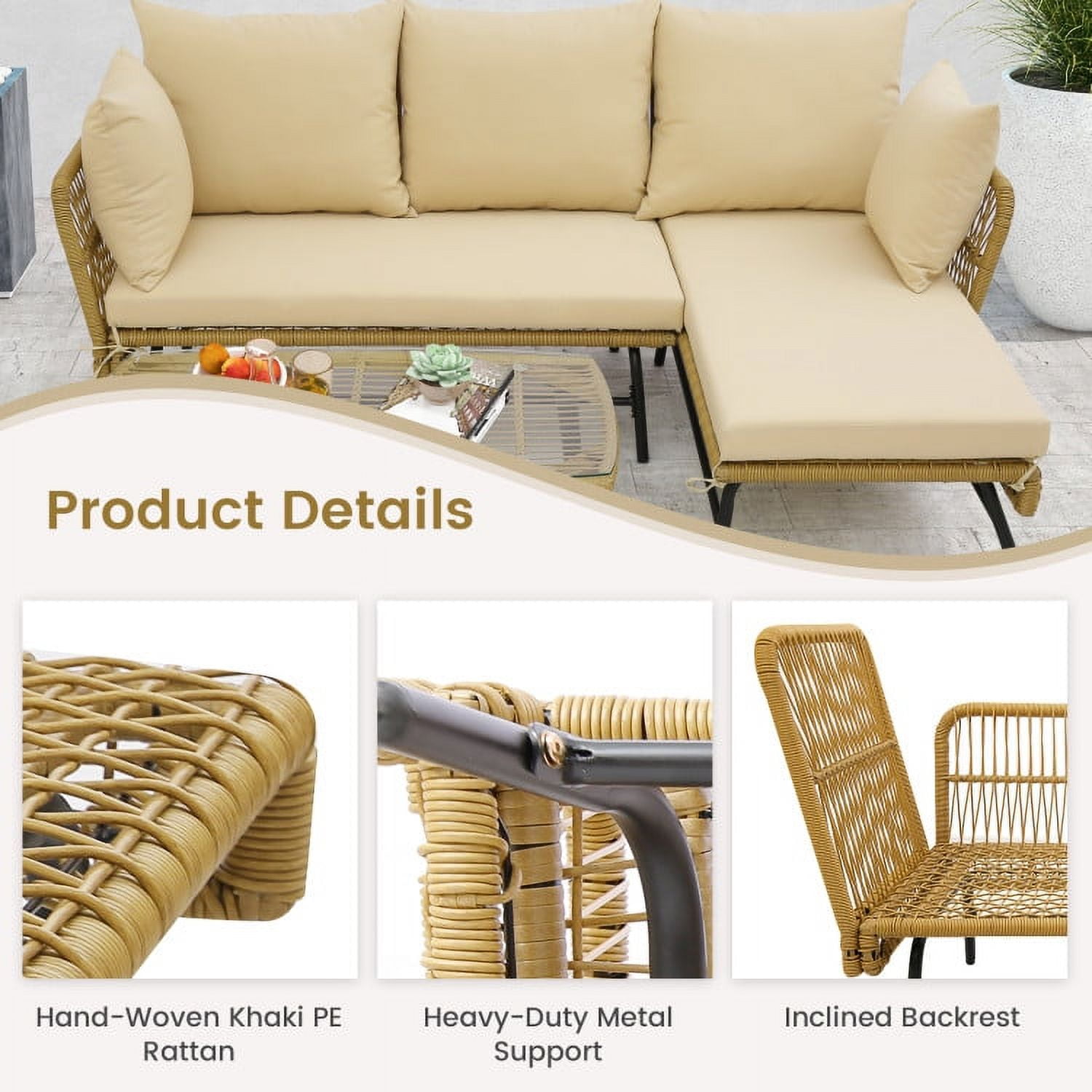 Aimee Lii 3 Pieces L-Shaped Patio Sofa with Cushions and Tempered Glass Table, Outdoor Patio Set, Beige Aimee Lii 3 Pieces L-Shaped Patio Sofa with Cushions and Tempered Glass Table, Outdoor Patio Set, Beige