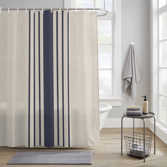 Bathroom Shower Curtain Modern Navy Blue White Stripe Waterproof Shower Curtains with Hooks, Retro Linen Texture Bath Curtains Bathtub Curtain Home Decor 36x72in