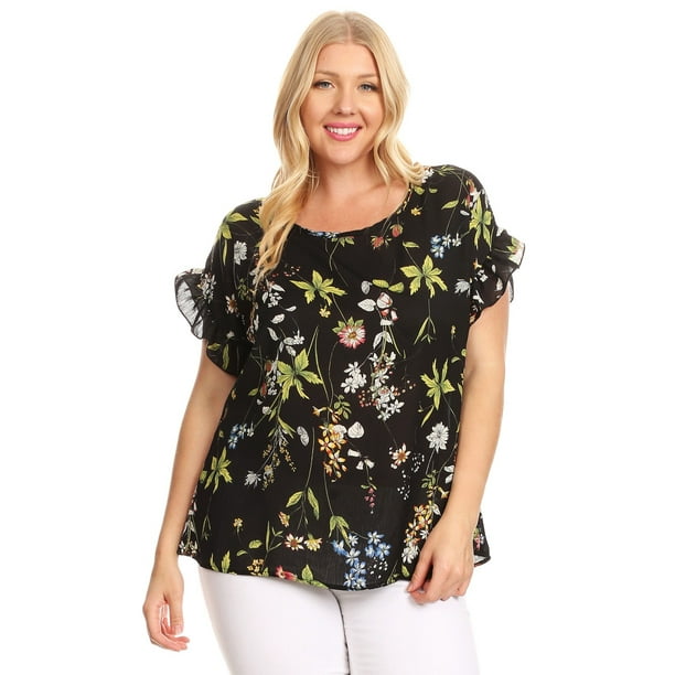Fourever Funky - Plus Size Floral Print Ralxed Fit Ruffled Womens ...