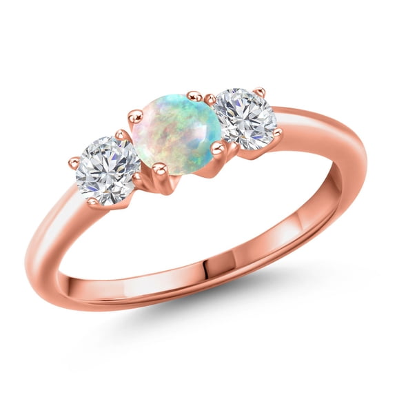 Gem Stone King 18K Rose Gold Plated Silver Simulated White Opal and Lab Grown Diamond Engagement Ring for Women | 1.04 Cttw | Round Cabochon 5MM | Gemstone October Birthstone | Size 6