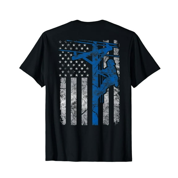 Distressed Patriotic Thin Blue Line Lineman American Flag T-Shirt