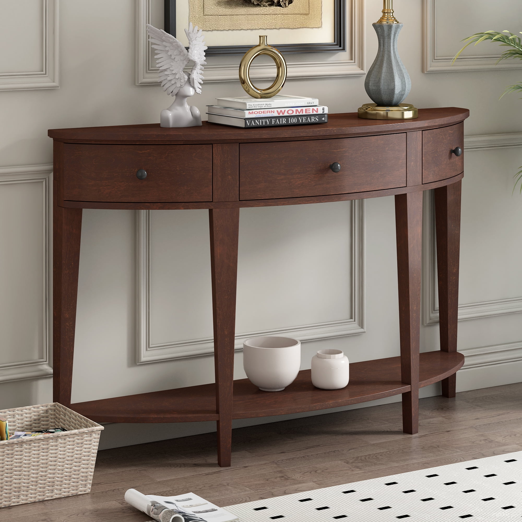 Lunale 55.1" Modern 3-drawer Curved Console Table with Storage Shelf, Sideboard Buffet Cabinet Sofa Table for Bedroom, Living Room, Brown