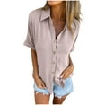 thumbnail image 2 of Women Tops under $5! Cagogo Womens Cotton Linen Button Down Shirt Summer Casual Short Sleeve Solid Color T Shirts Loose Collared Work Tops Blouses Blusas Casuales de Mujer Bonitas, 2 of 7