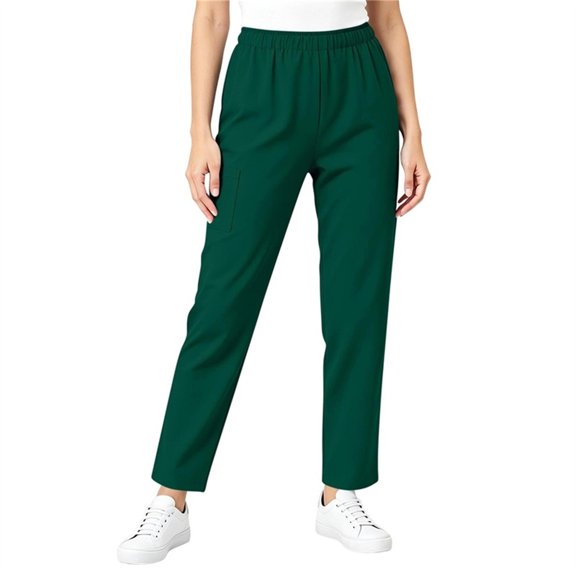 TEAJOPSUU Women Straight Leg Work Pants Casual Loose Elastic Waistband Pants with Pockets Nursing Uniform Full Length Pants Olive Green