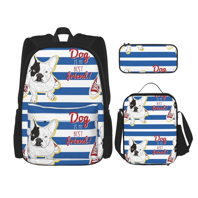 Disketp Bulldog Friend Mochila Estampada de Gran Capacidad con Lonchera y Estuche, Set de 3 Piezas para Estudiantes