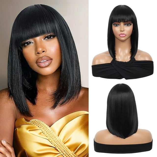 Pelucas Kalyss Bob para mujer, cortas, rectas, negras, con flequillo, aspecto natural, sintéticas, resistentes al calor, de 13 pulgadas.