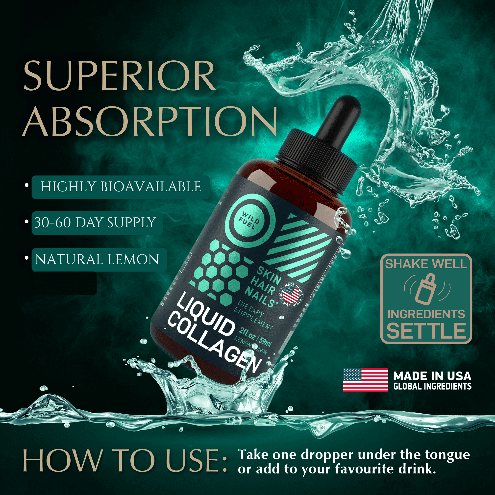 WILD FUEL Liquid Collagen Peptides with Biotin Vitamins for Hair Skin and Nails - 30,000mcg Biotin and Collagen Liquid for Women and Men - Lemon Flavor, up to 2-Month - 2 oz