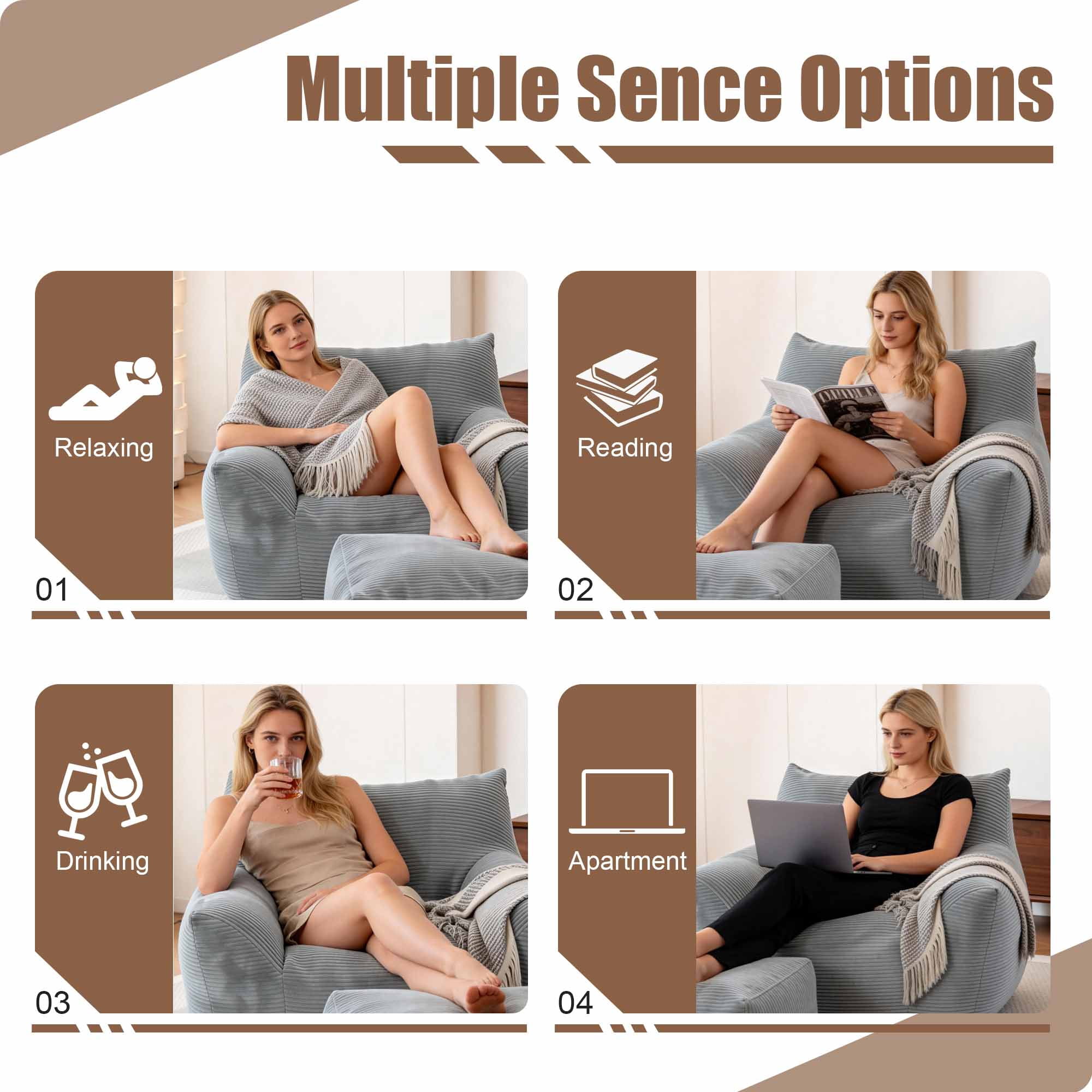 Lunale Oversized Bean Bag Chair with Ottoman, Boneless Lazy Sofa Chair for Bedroom, Living Room, Gray Corduroy