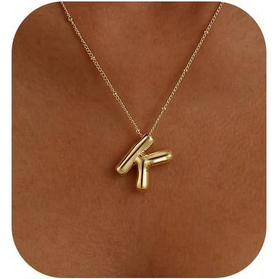 Gold Bubble Letter Necklace For Women, 14K Gold Plated Balloon Initial Letter Pendant Necklace Dainty Charm Initial Necklaces For Women Trendy Chunky Custom Name Necklace Gold Jewelry For Wo[Z1790]