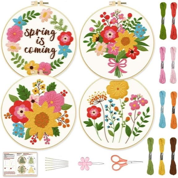 4Pack Flower Embroidery Starter Kit Spring Floral Cross Stitch Kits Water Dissolvable Embroidery Kit with Instructions Green Plant Stamped Needlepoint Kits with 2 Embroidery Hoop
