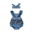 thumbnail image 3 of Newborn Baby Girls Rainbow Rompers Sleeveless Summer Ruffle Bodysuit Denim Rib Jumpsuit Headwear 2pcs Outfit Set  3M 6M 12M 18M, 3 of 7