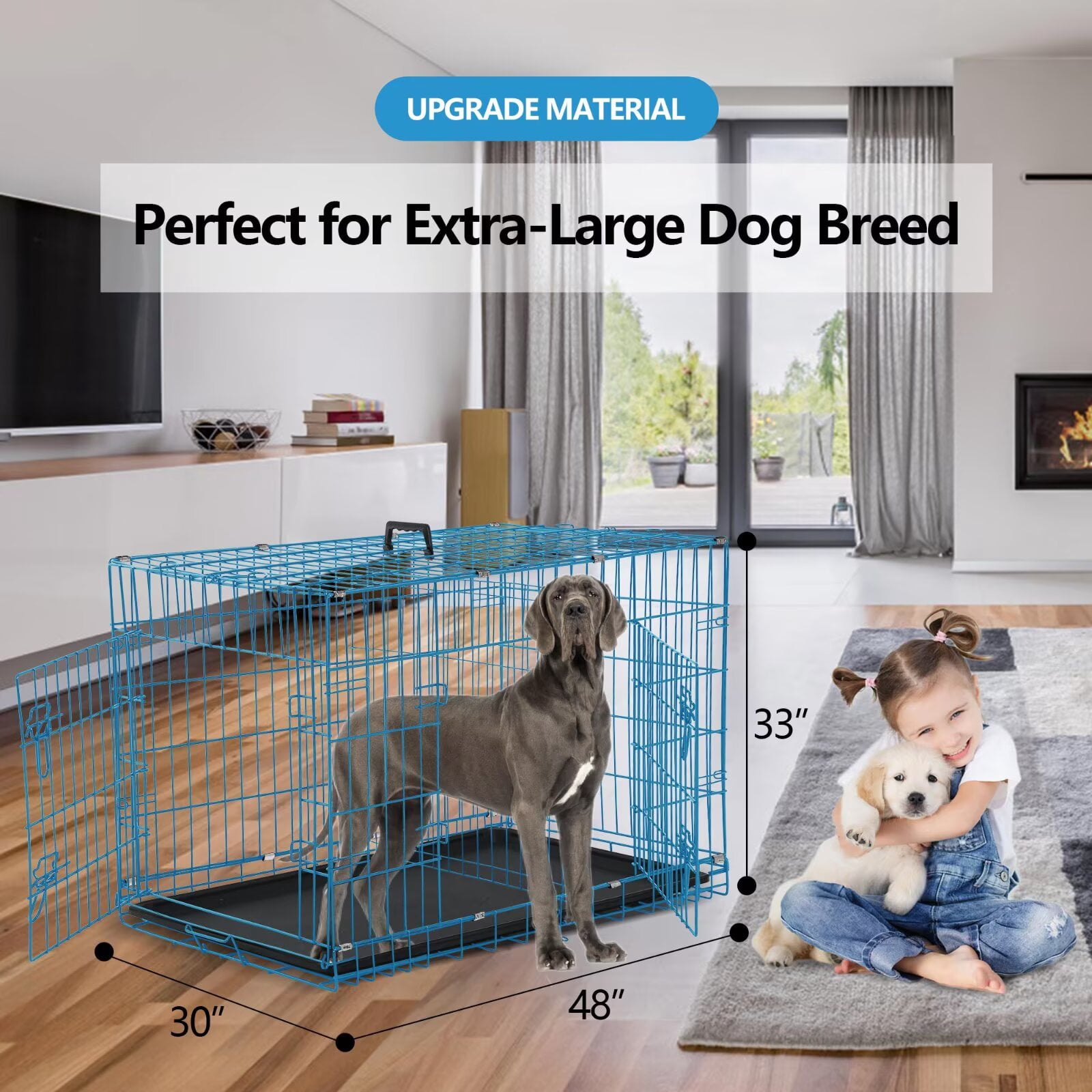 YRLLENSDAN,Dog Crates for large Dogs,large Dog Kennel Indoor,Wire Dog Crates,Collapsible Dog Crate,Crates for Dogs Indoor,48 Inch,Blue