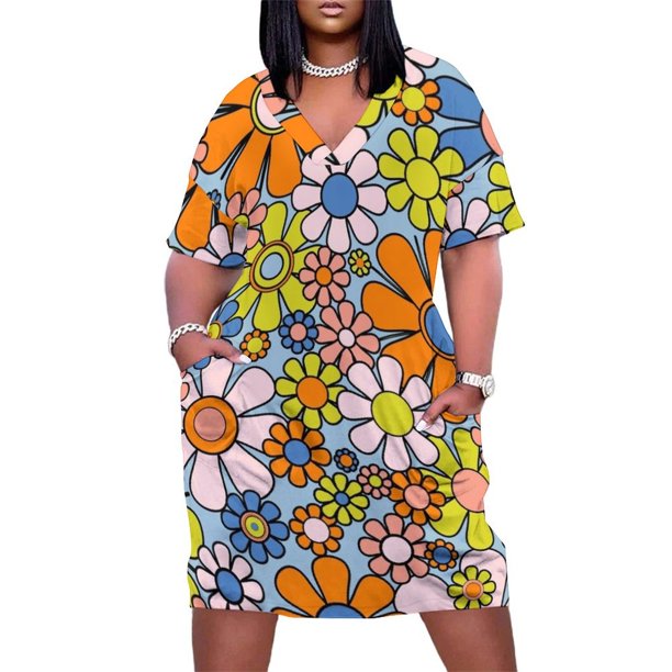 Vestido Retro de flores de jardín para mujer patrón Floral de primavera Azul Naranja Lima rosa negro bolsillo suelto 60s 70s Verano