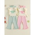 thumbnail image 3 of Loicainy Infant Baby Girl Fall Clothes Set 3 6 9 12 Months Ribbed Long Sleeve Romper Flare Pants Bow Headband Outfits, 3 of 9