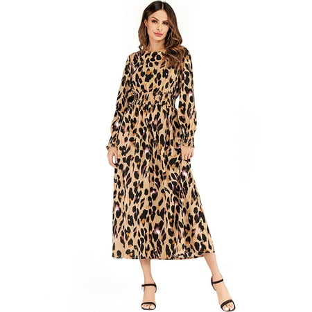 Women Dress Leopard Print Elasict Waist Smocked Ruching Cuffs Long Sleeve Maxi Gwon One-Piece