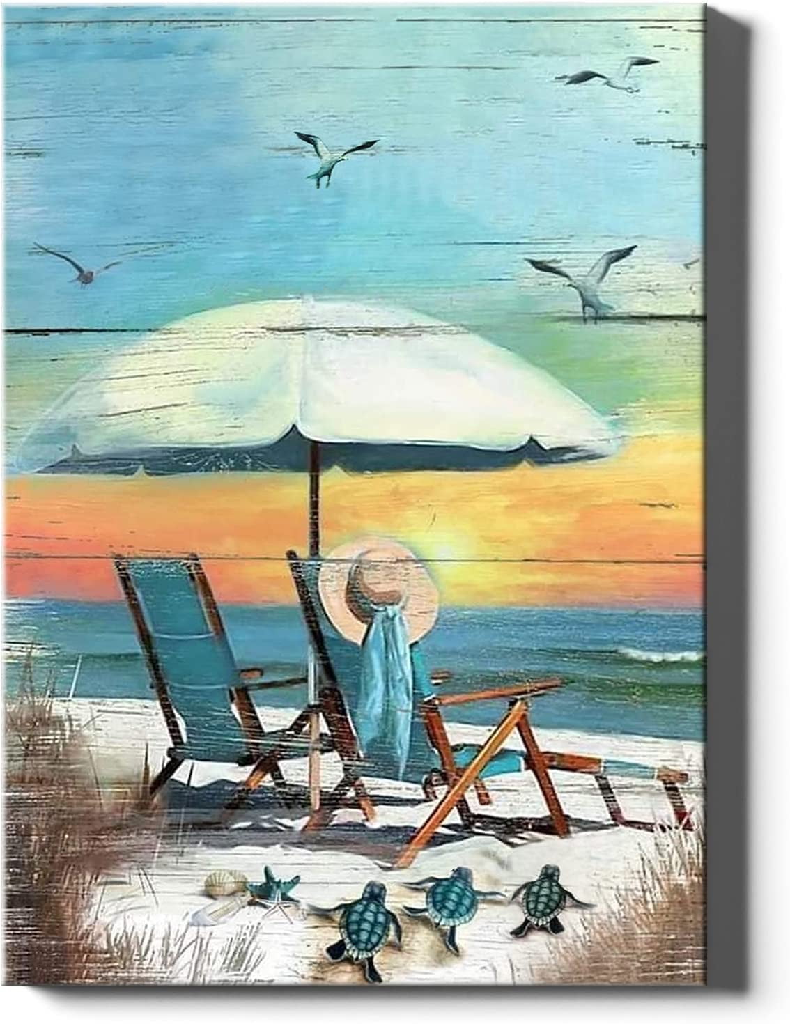 Beach Canvas Wall Art for Bathroom Wall Decor Seaside Turtle Seagull Ocean Picture Print Sunset Painting Framed Artwork for Modern Home Bedroom Decor 12x16 inch