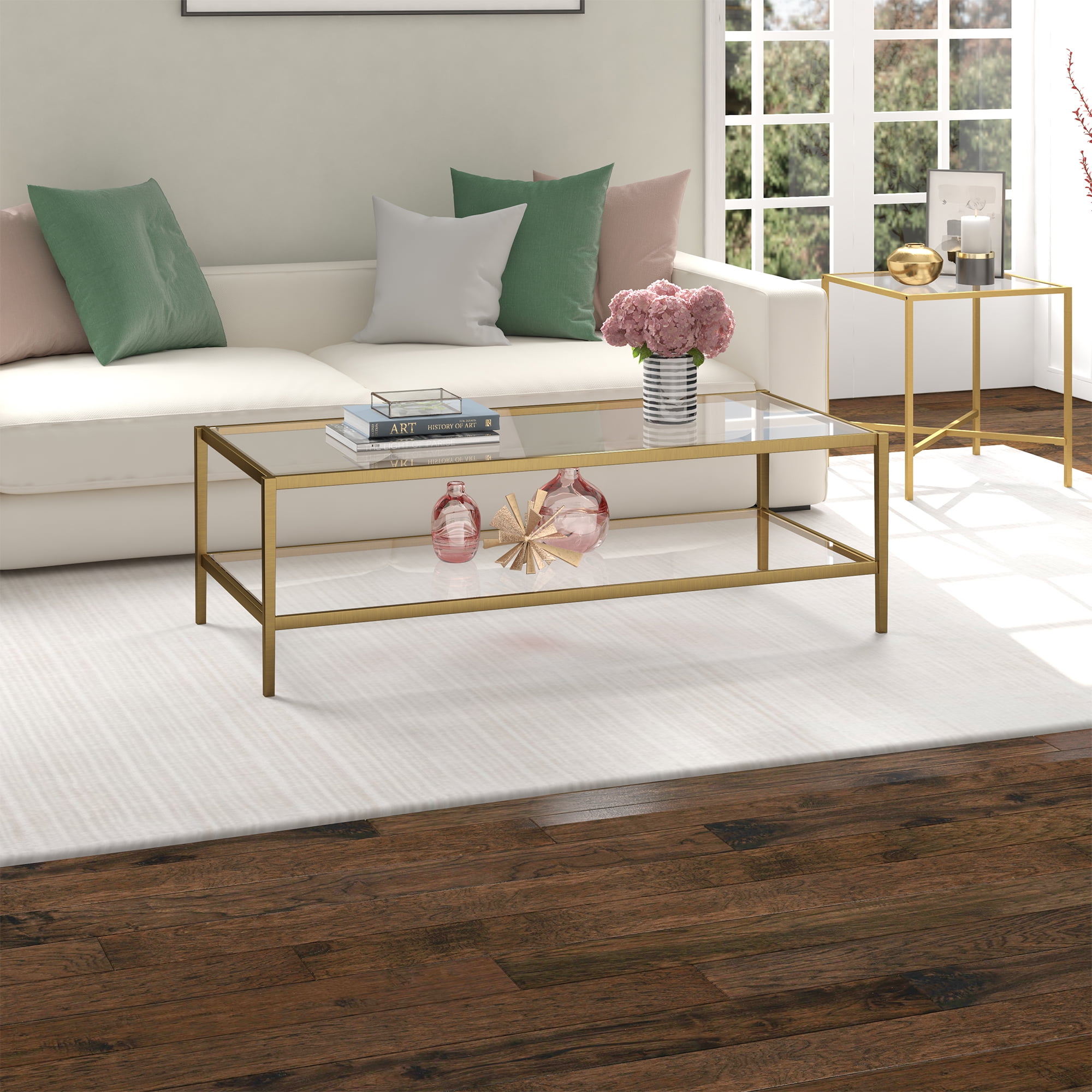 Evelyn&Zoe Hera 54" Wide Rectangular Coffee Table with Glass Shelf, Antique Brass