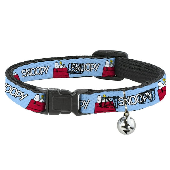 Peanuts Breakaway Cat Collar With Bell, Plastic Clip, Easy Adjustable, Peanuts Snoopy and Woodstock Dog House Pose and Text Sky Blue, 8.5 to 12 Inches 0.5 Inch Wide