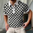 thumbnail image 2 of Rovga Men Crew Neck Polo Shirt Spring And Summer Short-Sleeved Zipper Lapel Houndstooth Print Top Cotton Shirt Stylish Clothing, 2 of 8