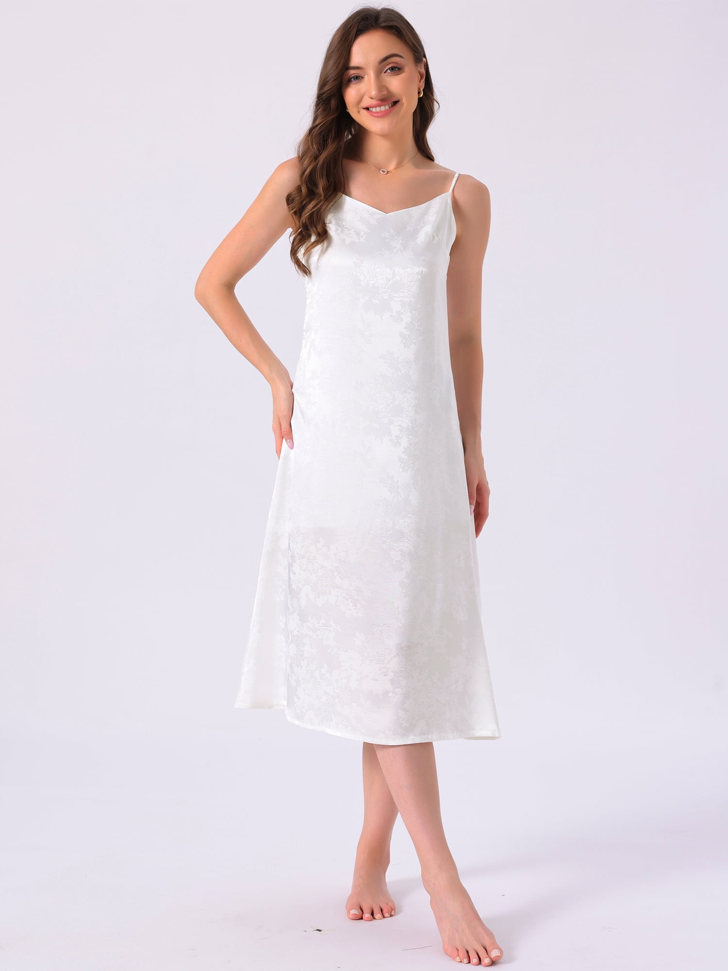 DARING DIVA Women's Satin Floral V Neck Spaghetti Strap Slip Nightgowns S White